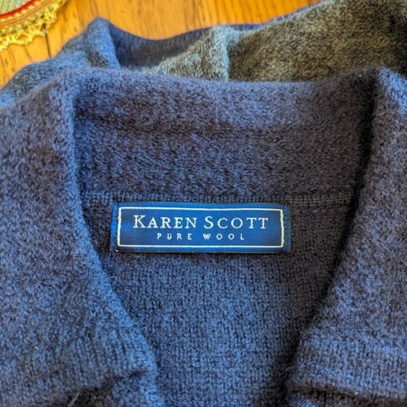 Vintage Karen Scott Size L Cardigan Sweater Duster Pockets Blue Pure Wool Preppy - Picture 4 of 7
